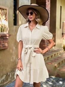 SHEIN VCAY Vestido-camisa De Manga Curta Sólido Para Mulheres Com Manga Curta Bufante - Damasco - Ver 3