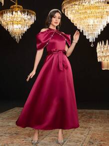 Modelyn Váy bó eo đính đá lấp lánh màu đỏ tía vai - Màu Đỏ Sâu - Xem 8