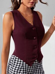 SHEIN Tall Áo vest không tay một hàng khuy cổ chữ V cho nữ mùa thu/đông - Màu Tím - Xem 3