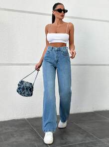 RueChic 松紧腰带轻洗直筒牛仔裤