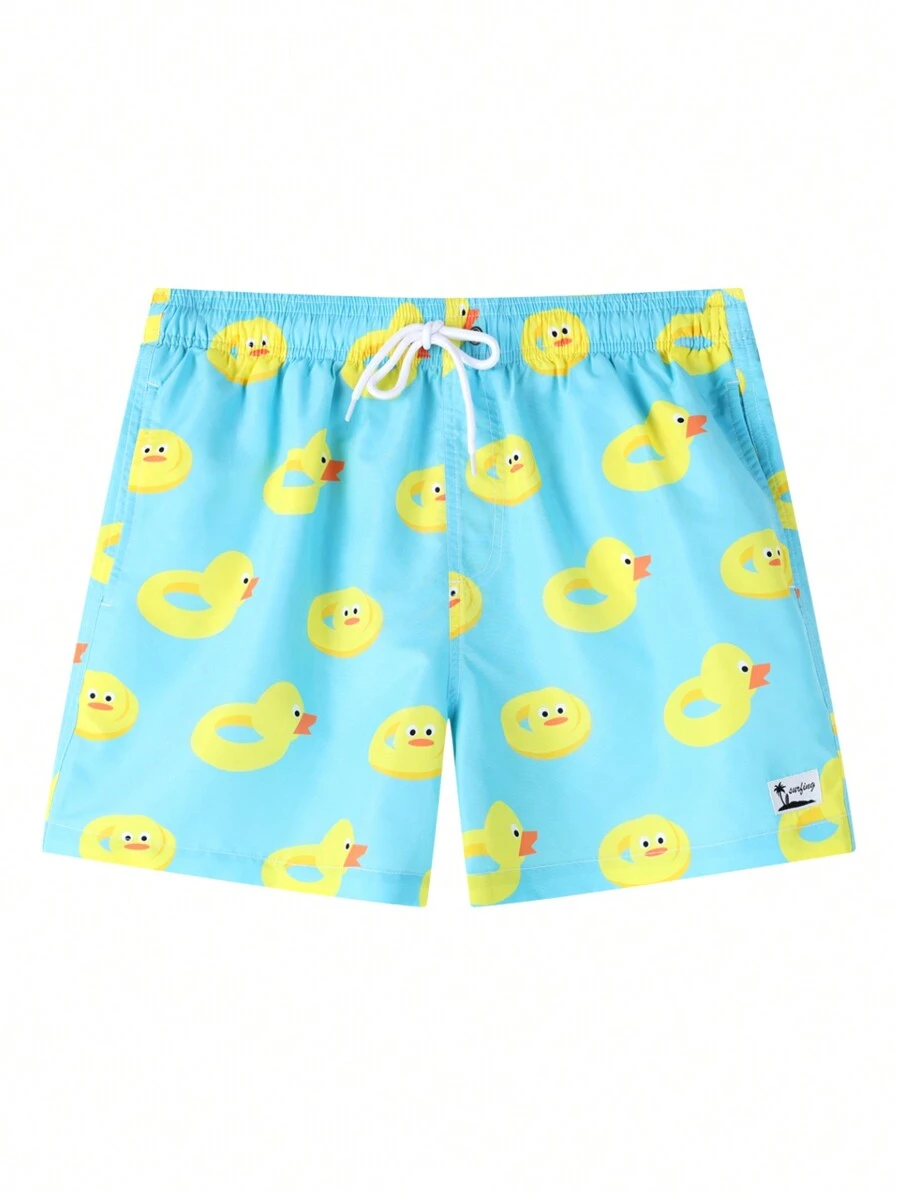 Manfinity Nam Vịt Cartoon In Xanh Dây rút Quần short đi biển Cho mùa hè , Bơi lội - Màu xanh lam - Xem 1