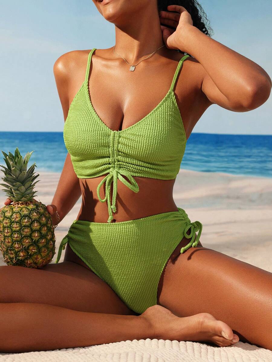 SHEIN Swim Women's Drawstring Bikini Set, String Bikini Set Swimwear Bathing Suit Beach Outfit Summer Vacation,Summer Beach - Olive Green - View 1