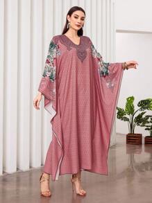 Al Najma Floral Print Batwing Sleeve V-Neck Kaftan