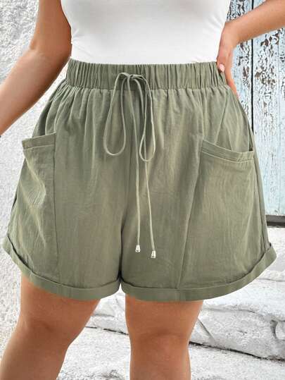 SHEIN CURVE+ Plus Size Women's Stretchy Belted Elastic Waistband Rolled Hem Pocket Shorts For Vacation