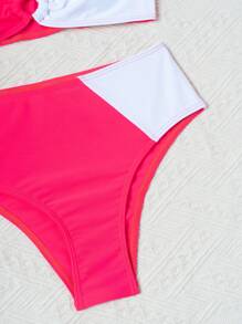 Teen Girl Two Pieces Color Block Asymmetrical Shoulder Bikini Set Summer Beach