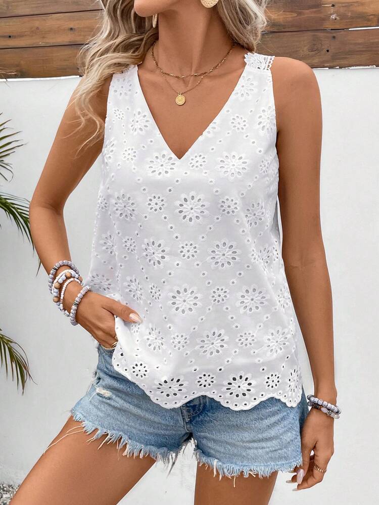 Women's Summer Boho Spring Break Textured Fabric Eyelet Embroidery Laced Up Back V Neck Lace Splicing Backless Camisole Top White Casual