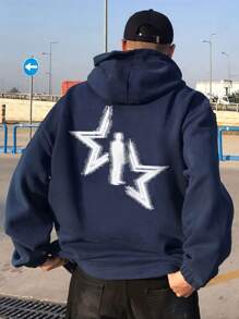 Nam In Sao Thả vai Lót nhiệt Hoodie - Màu xanh hải quân - Xem 1