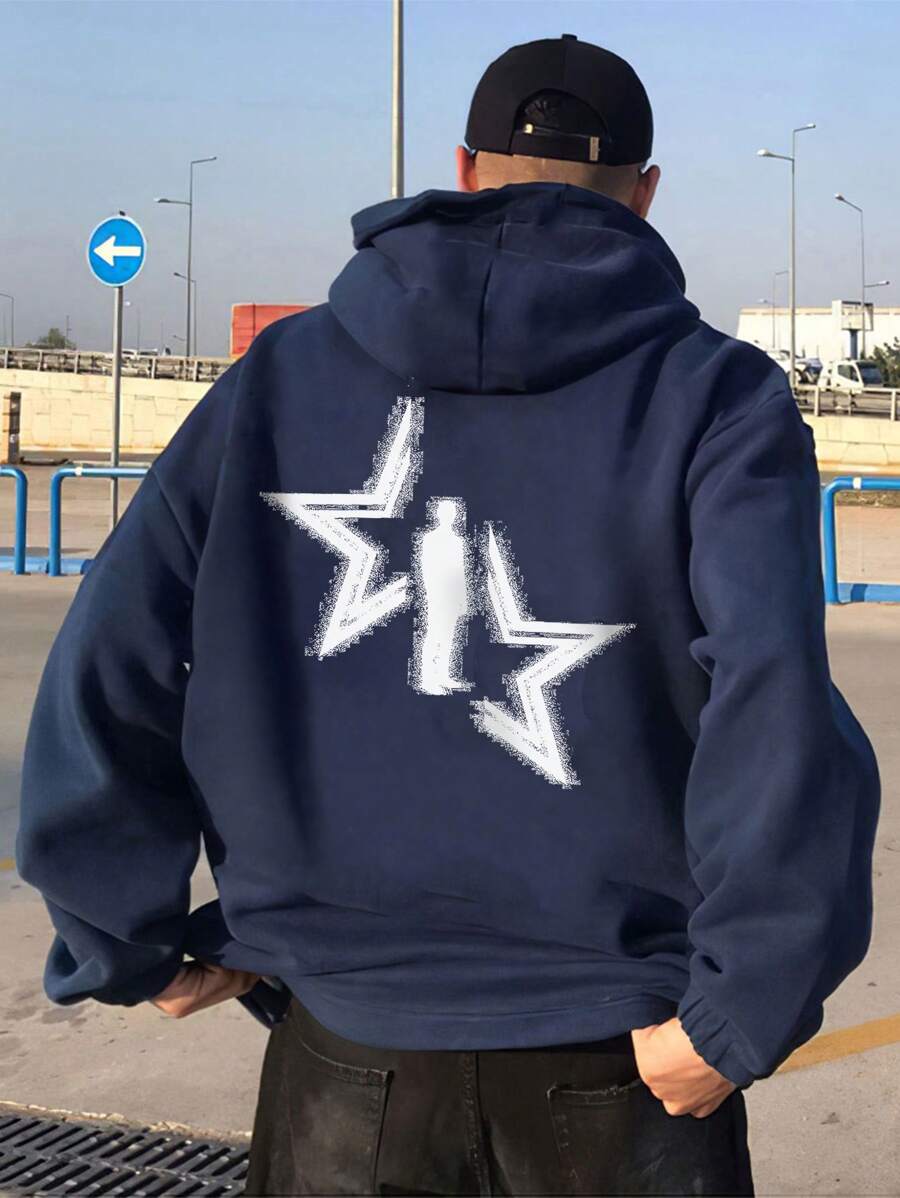 Nam In Sao Thả vai Lót nhiệt Hoodie - Màu xanh hải quân - Xem 1