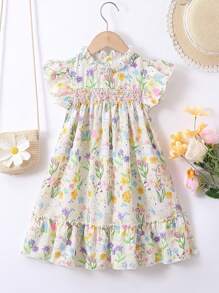 SHEIN Vintaside Kids Young Girls' Lovely Grass And Flowers Printed Bunny Dress For Summer,Holiday,Summer,Travel - Multicolor - View 1