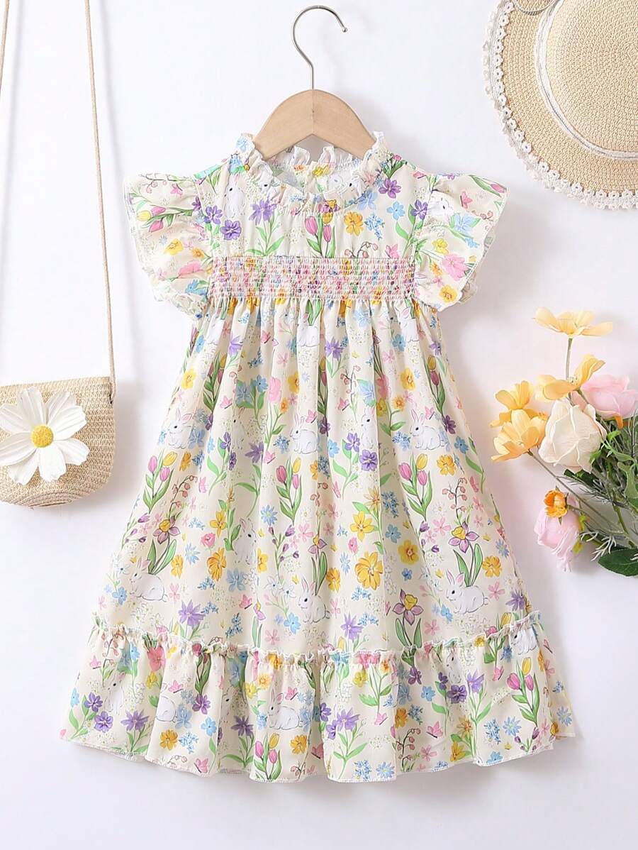SHEIN Vintaside Kids Young Girls' Lovely Grass And Flowers Printed Bunny Dress For Summer,Holiday,Summer,Travel - Multicolor - View 1