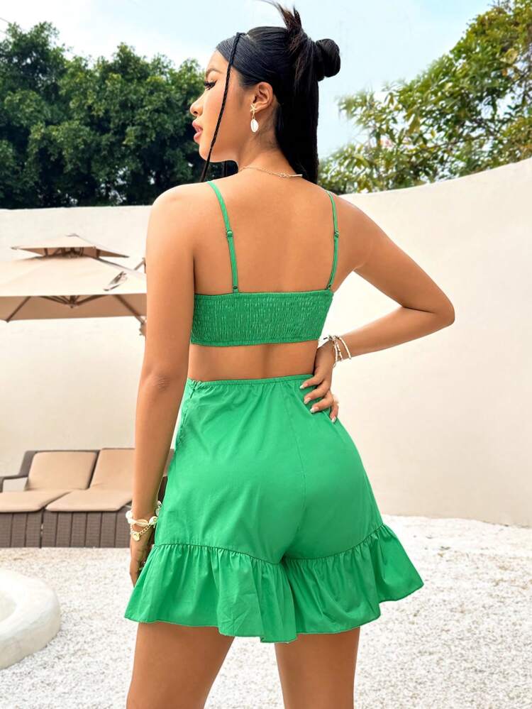 Women's Casual Hollow Out Ruffle Hem Green Romper With Spaghetti Straps For Vacation