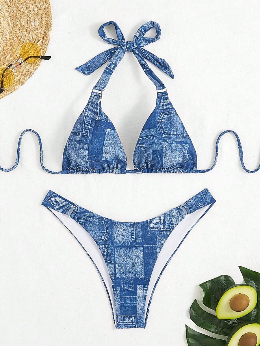 SHEIN Swim Bộ bikini cổ yếm hiệu ứng denim đi biển mùa hè - Màu xanh lam - Xem 1