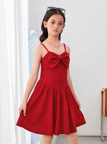 SHEIN Vestido rojo de punto para niña preadolescente con grandes lazos en las correas de los hombros, múltiples decoraciones de lazo y diseño de cintura en forma de V - Rojo - Ver 3