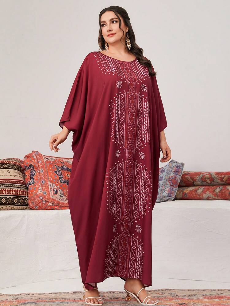 Plus Size Printed Round Neck Arabian Clothing Kaftan Jalabiya Dress