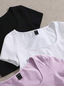 SHEIN EZwear 女士實色方領短袖t恤 - 淡紫色 - 查看 3