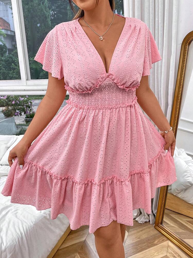 Plus Size Solid Color Ruffle Sleeve Embroidered Shirred Dress