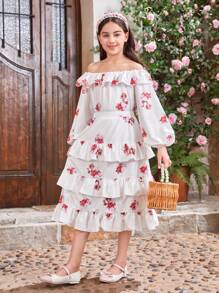SHEIN Tween Girl Off Shoulder Ruffle Crop Top With Floral Print And Tiered Flowy Skirt With Floral Print Set