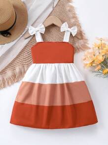 SHEIN Young Girl's Color Block Cami Dress With Bow Embellishment
