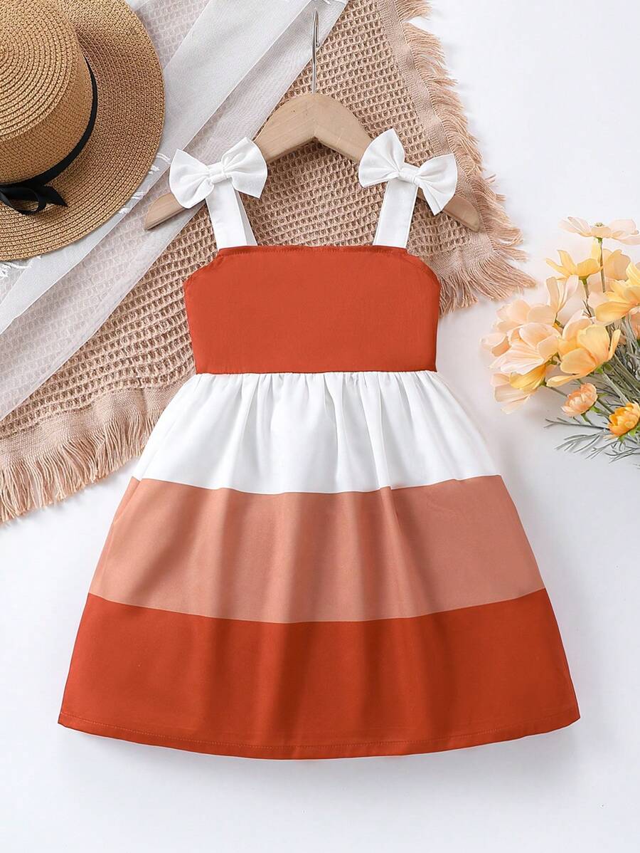 SHEIN Young Girl's Color Block Cami Dress With Bow Embellishment
