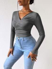 VaVaBold 女士短款褶皺修身t恤 - 灰色 - 查看 3