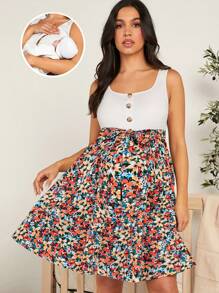 SHEIN Flower Print Square Neck Nursing Dress For Maternity - Multicolor - View 1