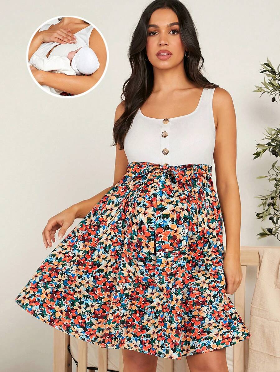 SHEIN Flower Print Square Neck Nursing Dress For Maternity - Multicolor - View 1