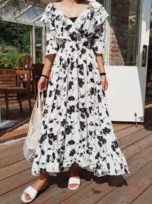 DAZY 女士印花V领荷叶边腰带连衣裙，适合度假穿着，复活节主题 - 黑與白 - 查看 4