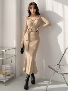 DAZY 女式纯色裹腰中长连衣裙秋季长袖连衣裙 - 杏色 - 查看 8