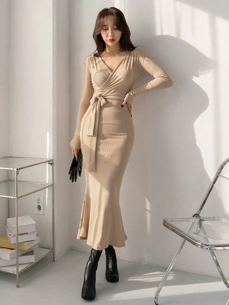 Women's Solid Color Wrap Belted Midi Dress Fall Long Sleeve Dress