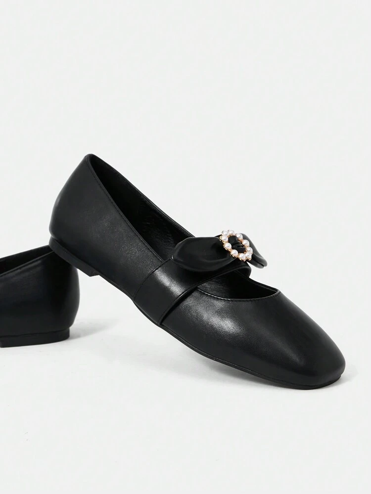 Women'S Black Pu Leather Round Toe Ballerina Flats With Bowknot Decoration