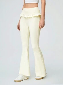SHEIN Qutie Balletcore Elastic Waist Ruffle Flared Pants With Trumpet Hem - Pink - View 1