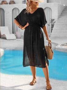 Breezaya Damen Fledermausärmeln Kleid Mit Pompons Dekoration