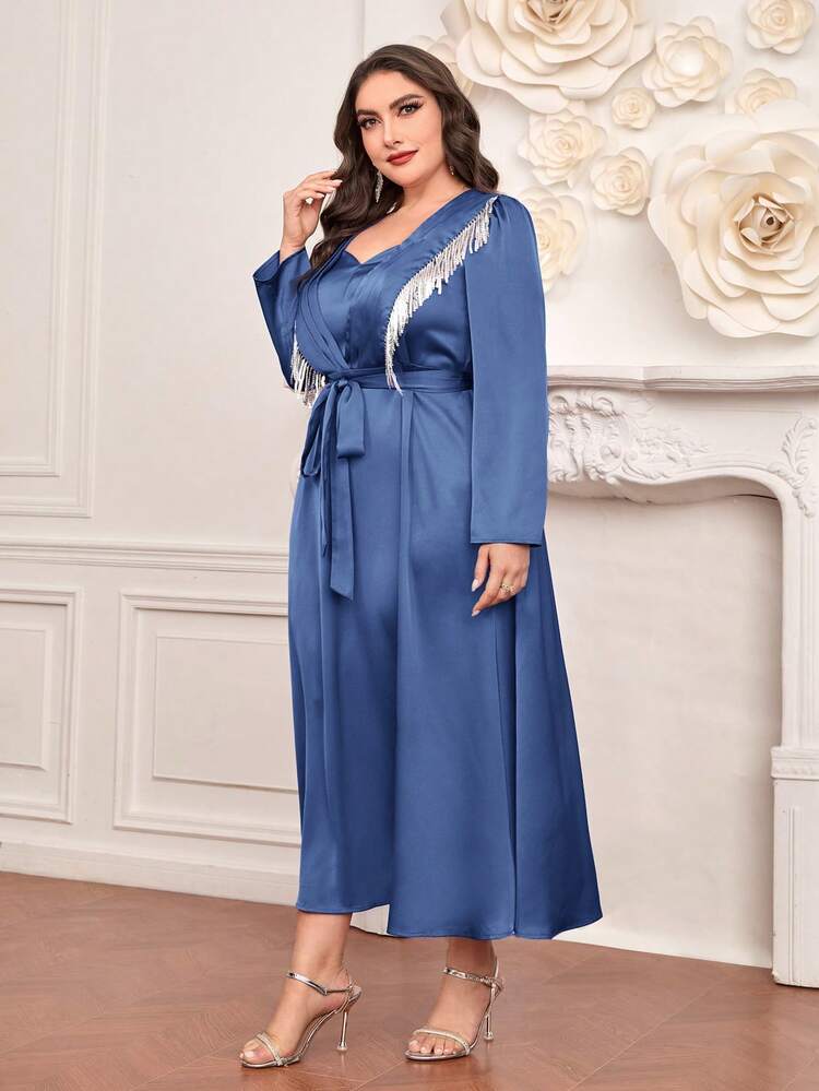 Plus Size Color Block Sequin Tassel Decorated Long Sleeve Belted Dress