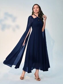 Modelyn 女士斗篷袖荷葉領連身裙 - 寶藍色 - 查看 4