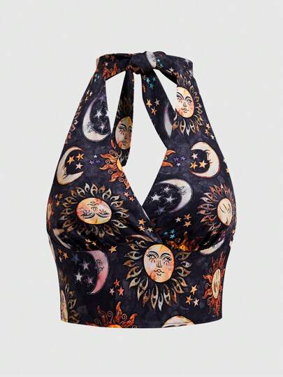 Hippie Women's Sun & Human Face Printed Halter Neck Tank Top