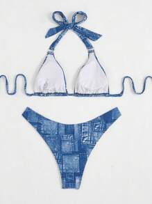 SHEIN Swim Bộ bikini cổ yếm hiệu ứng denim đi biển mùa hè - Màu xanh lam - Xem 2