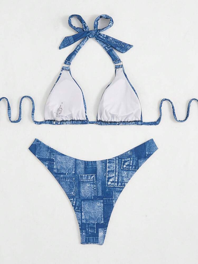 Women's Denim Effect Halter Neck Bikini Set Summer Beach