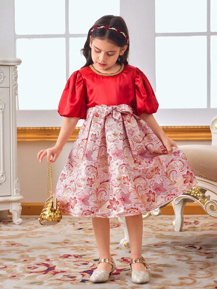 Toddler Young Girls' New Summer Puff Sleeve Vintage European-Style Court Dress With Pleated Dress