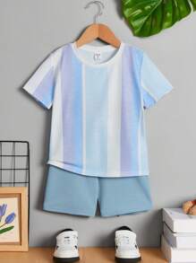 SHEIN 2pcs/Set Young Boys' Casual Loose Comfortable Color Block Striped Short Sleeve Top And Shorts - Blue - View 1