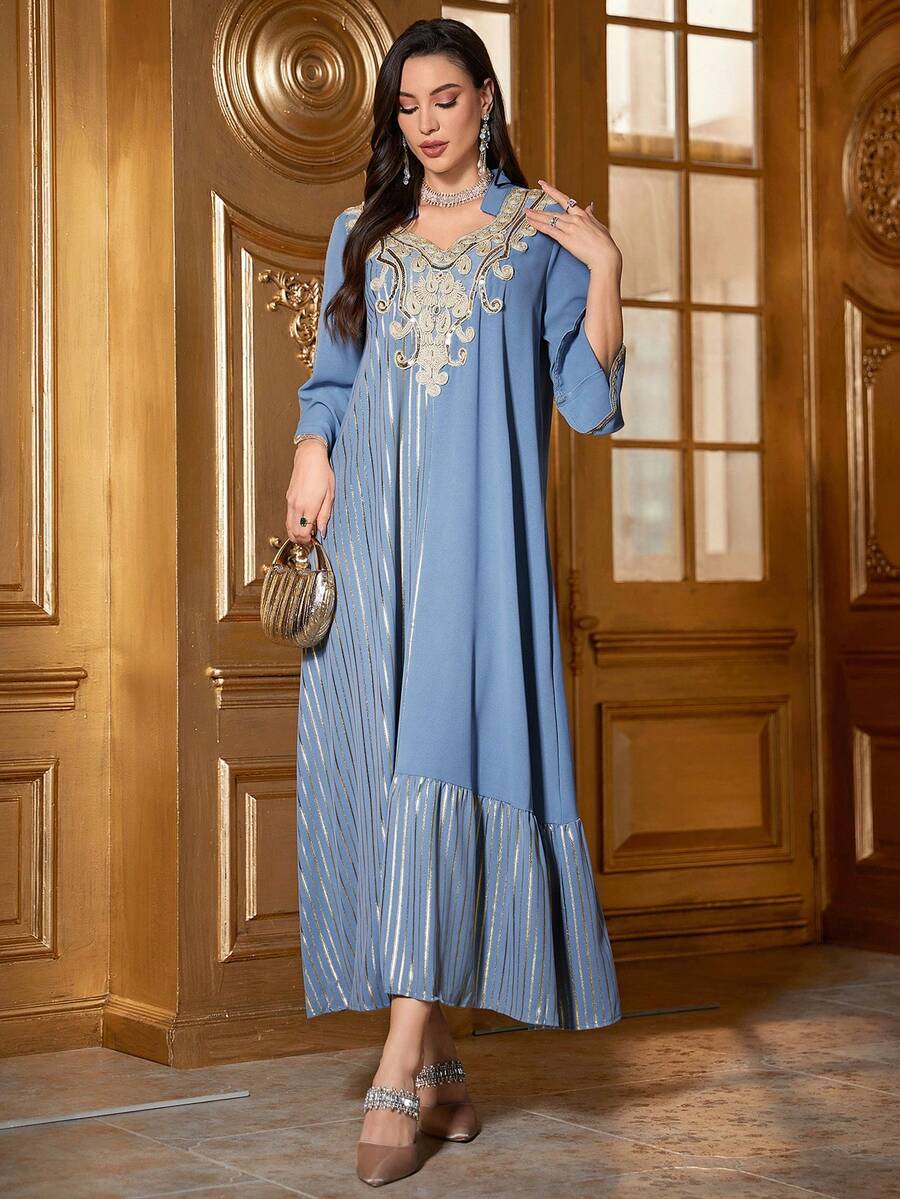 Vestido Asimétrico Estilo Árabe Bordado Para Mujer