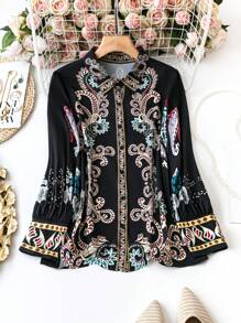 SHEIN Của phụ nữ In hoa Tay áo dài Áo sơ mi - màu đen - Xem 1