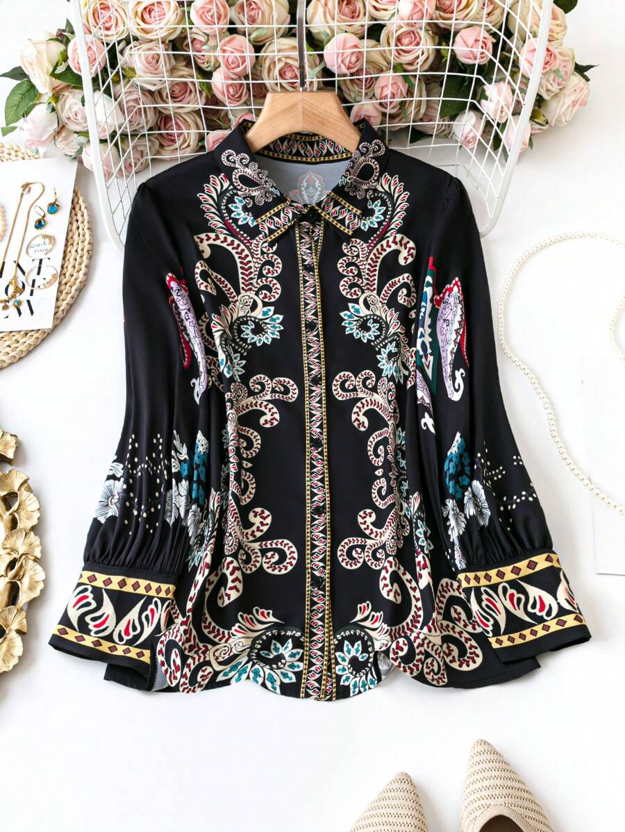 SHEIN Của phụ nữ In hoa Tay áo dài Áo sơ mi - màu đen - Xem 1