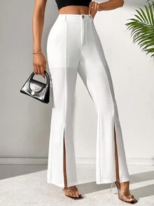 SHEIN Tall 女士實色長褲,褲口分叉設計 - 白色 - 查看 3