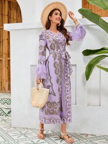 Seusyu Ladies' Paisley Print Fuzzy Cuff Wrap Belted Dress () - Mauve Purple - View 1