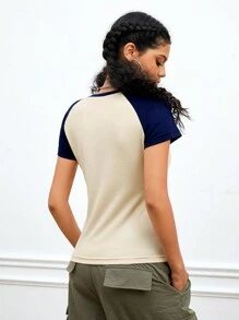 SHEIN Street Sport Women's Color-Block Raglan Sleeve Sports T-Shirt - Khaki - View 2