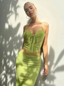 Tie Trước Xa ten Áo hai dây & Bộ váy - màu xanh lá - Xem 1