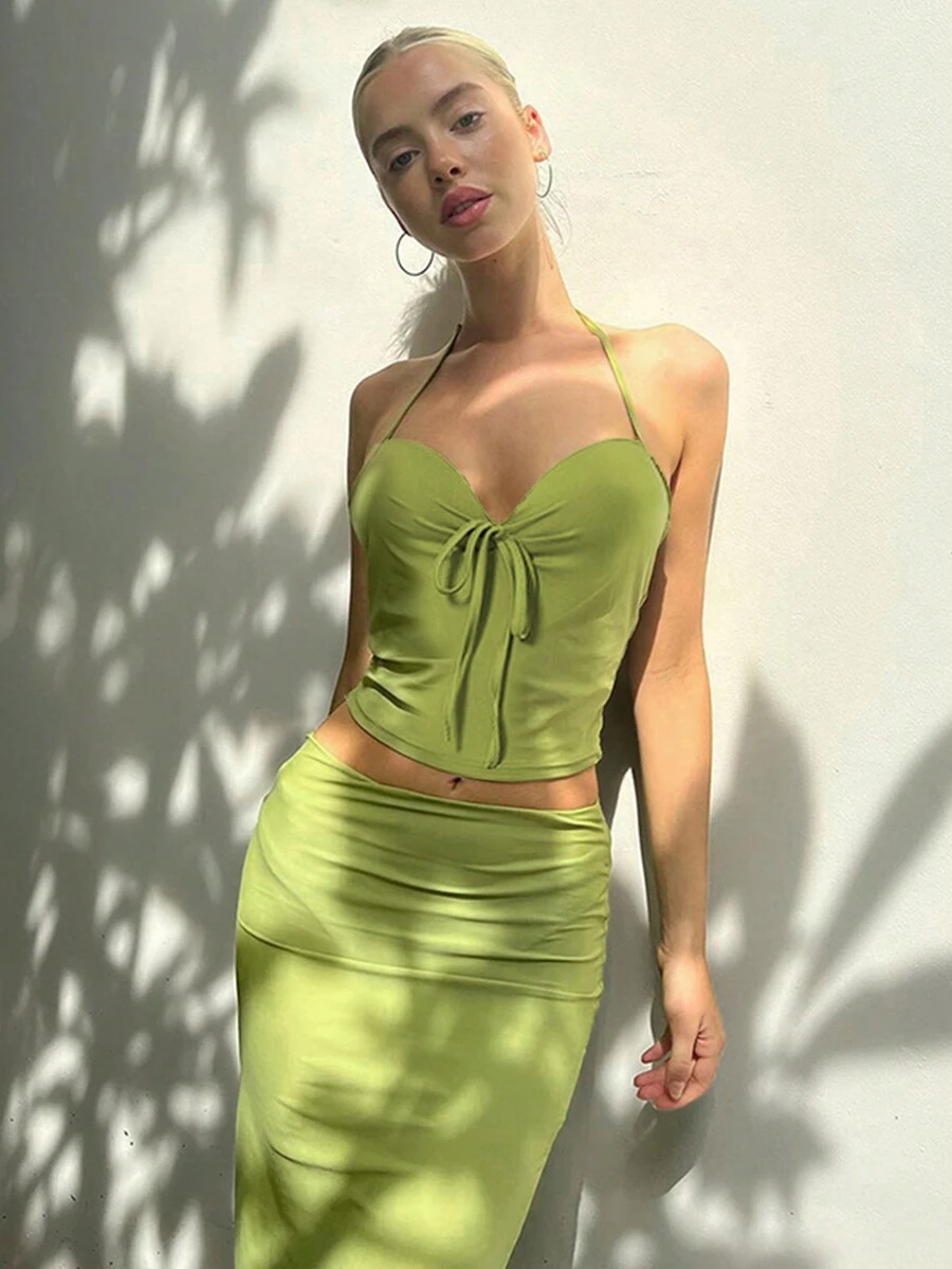 Tie Trước Xa ten Áo hai dây & Bộ váy - màu xanh lá - Xem 1