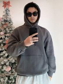 DAZY Men Kangaroo Pocket Drop Shoulder Drawstring Hoodie Without Tee - Dark Grey - View 3