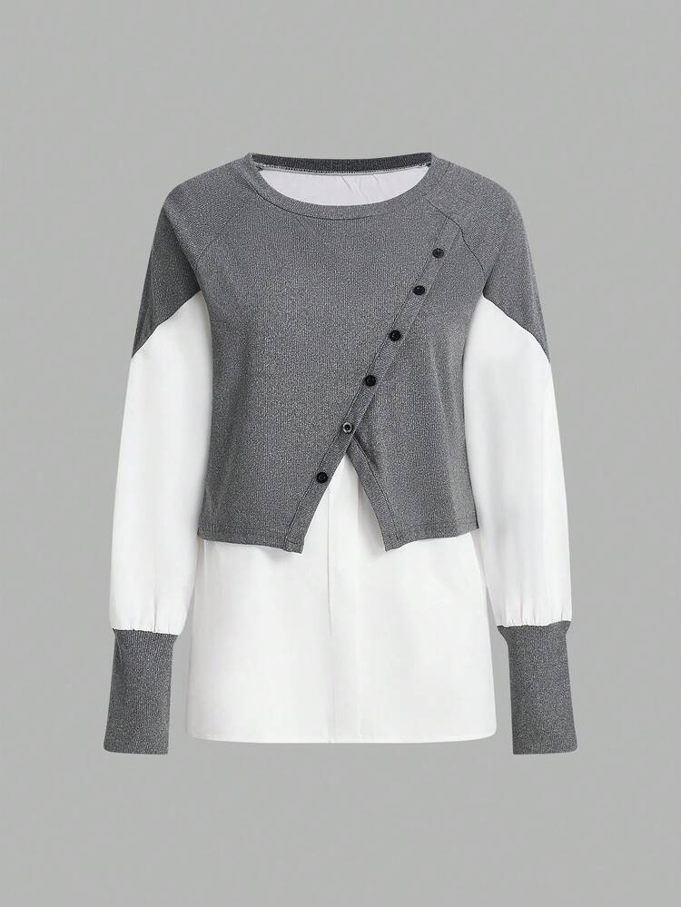 Women's Color Block Splicing Fabric Long Sleeve Top