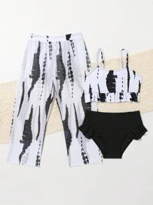 Young Girl Spaghetti Straps Sleeveless 3-Piece Swimwear Set With Random Prints - Black - View 3